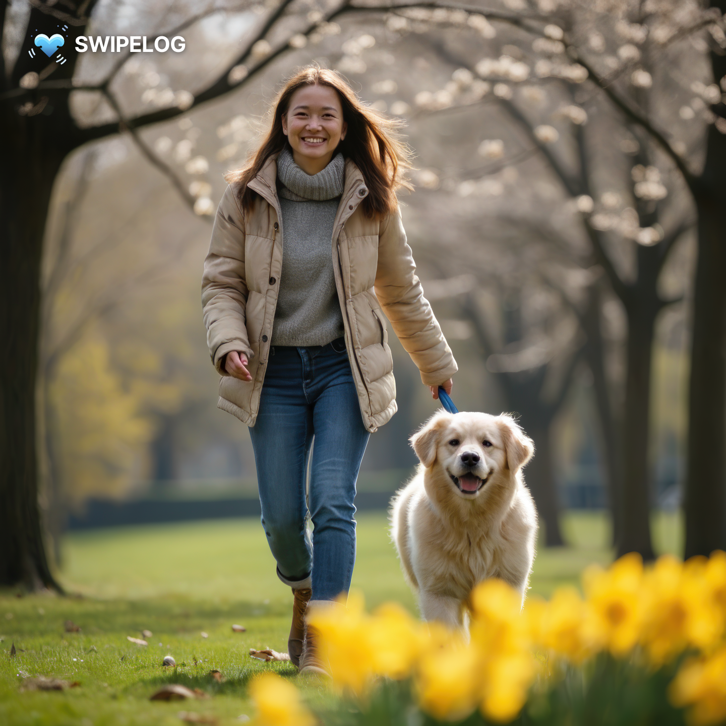 A cheerful individual wearing light spring clothing, walking a dog in a park. The trees are budding and there are daffodils in the foreground.