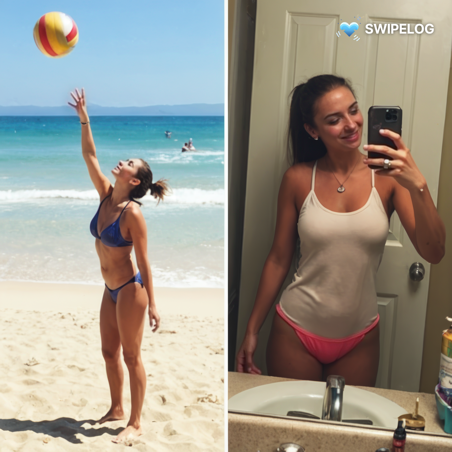 A split-screen image. On the left, a natural-looking beach photo of a person playing volleyball. On the right, a bathroom mirror selfie with cluttered countertop visible.